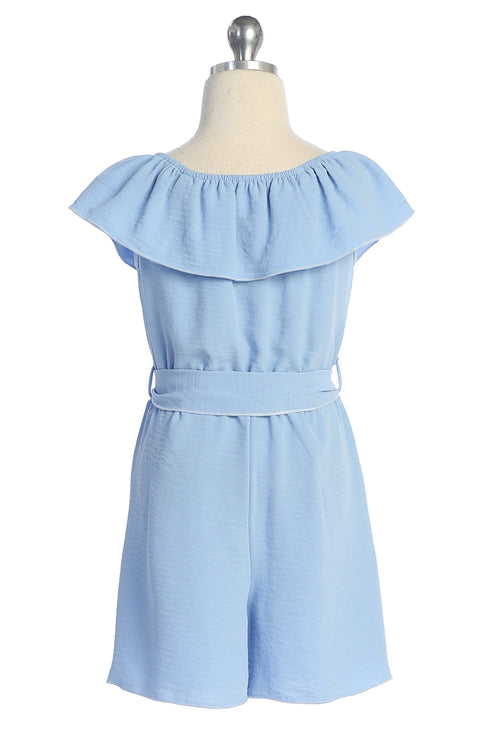 Girls Ruffle-Trim Buttoned Romper with Waist Tie, Sizes 4-14